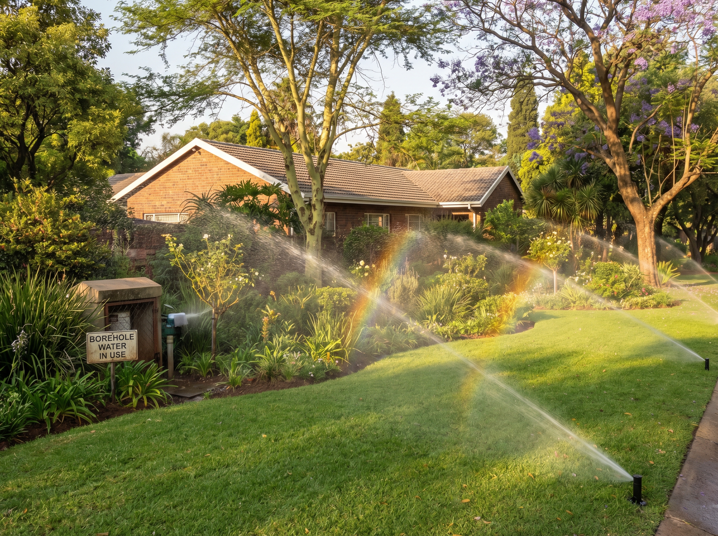 Lush Randburg garden irrigated by pop-up sprinklers fed from borehole water tee-off line
