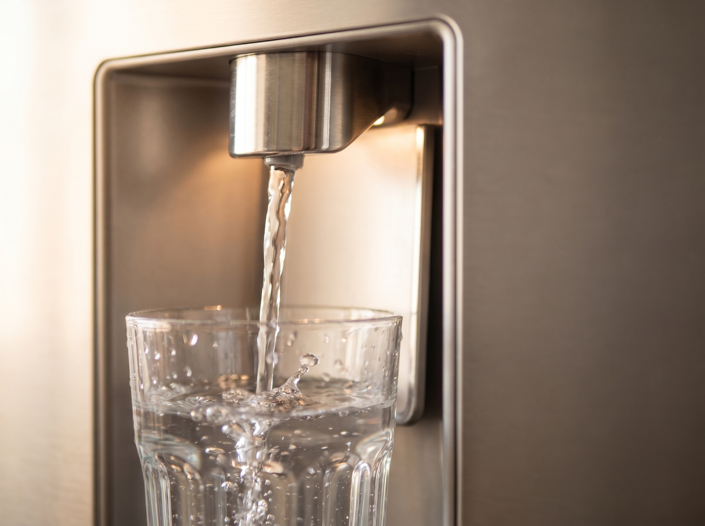 Close up of a stainless steel fridge water dispenser with a glass being filled