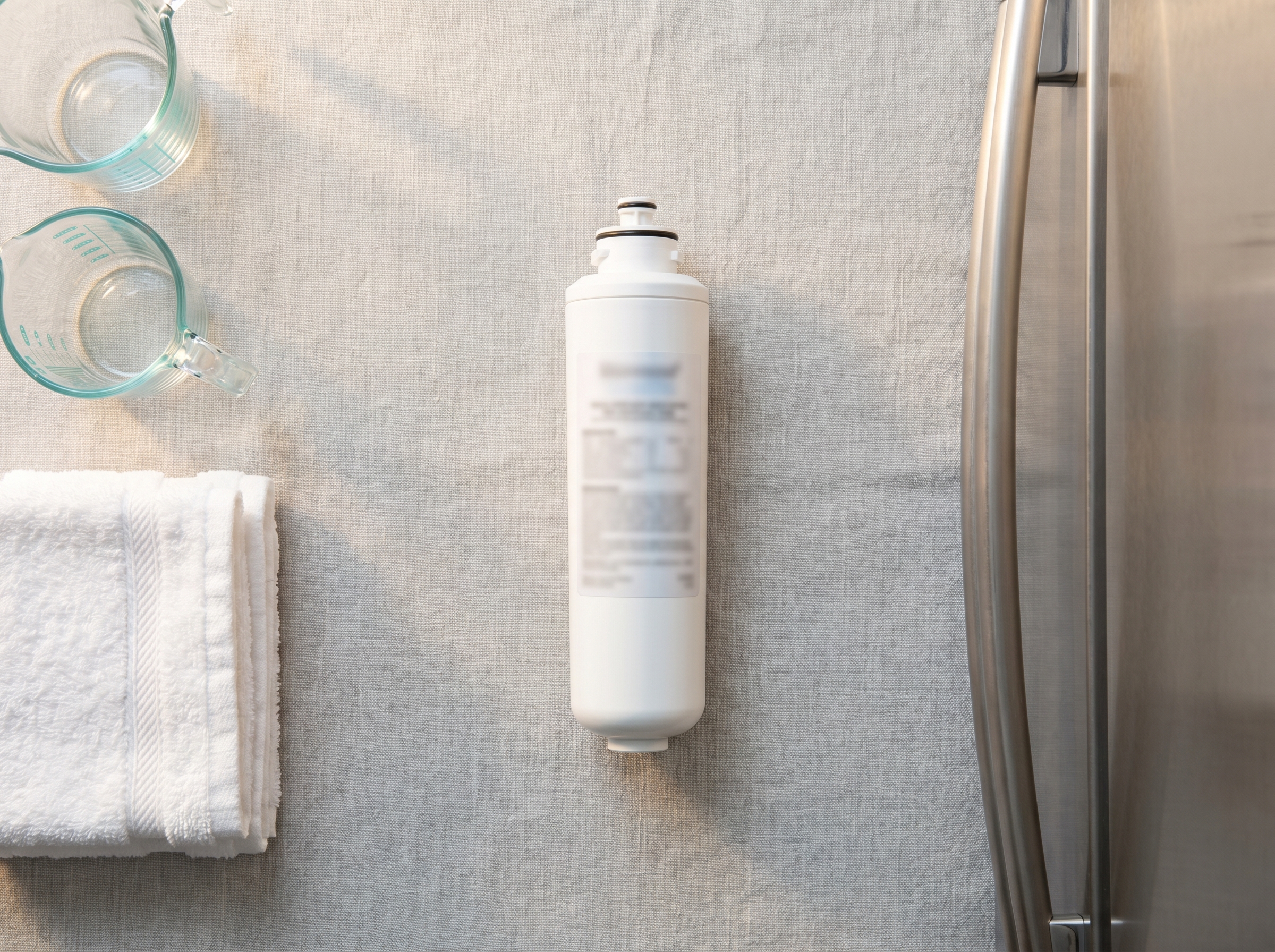 Flat lay of replacement fridge water filter cartridges arranged neatly on a pale surface