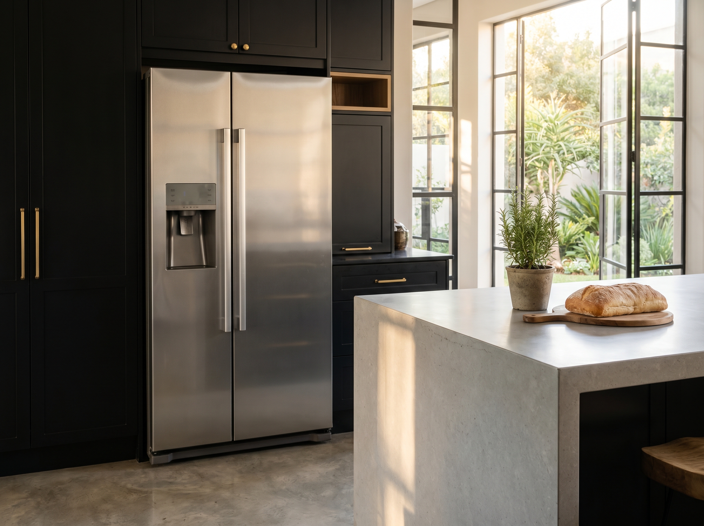 Bright Johannesburg kitchen with a modern fridge and a water glass on a granite counter