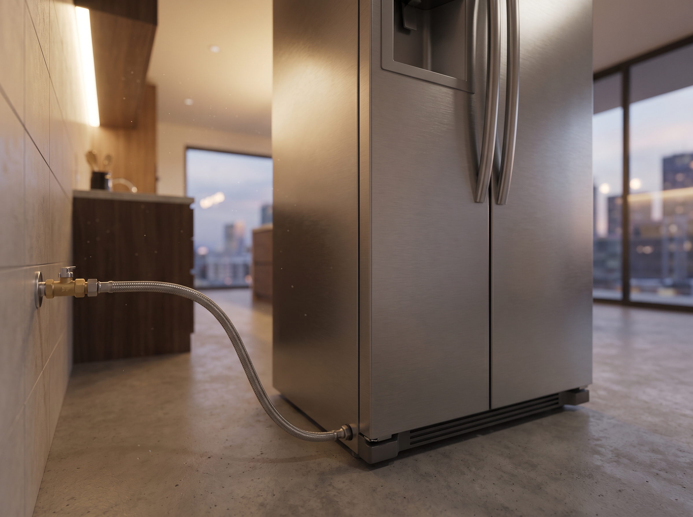 Modern South African kitchen with Hisense side-by-side fridge, water feed line running through a cabinet base into the external inline filter cartridge behind the fridge