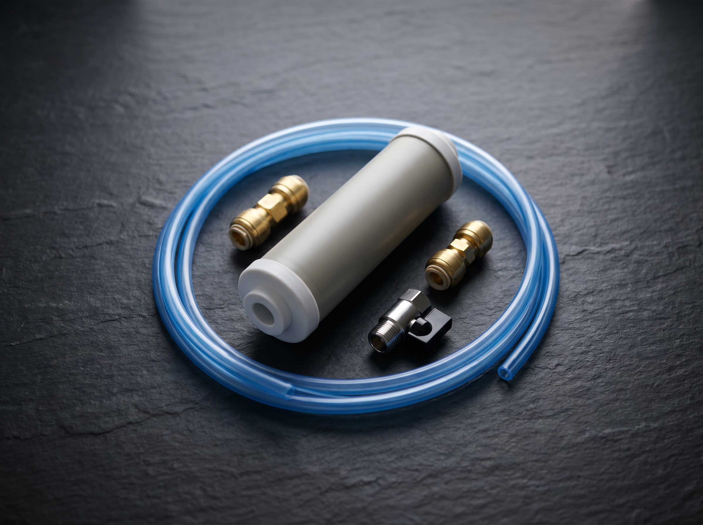Universal quarter-inch push-fit inline fridge water filter cartridge on white marble with quarter-inch brass fittings and a section of clear water feed line