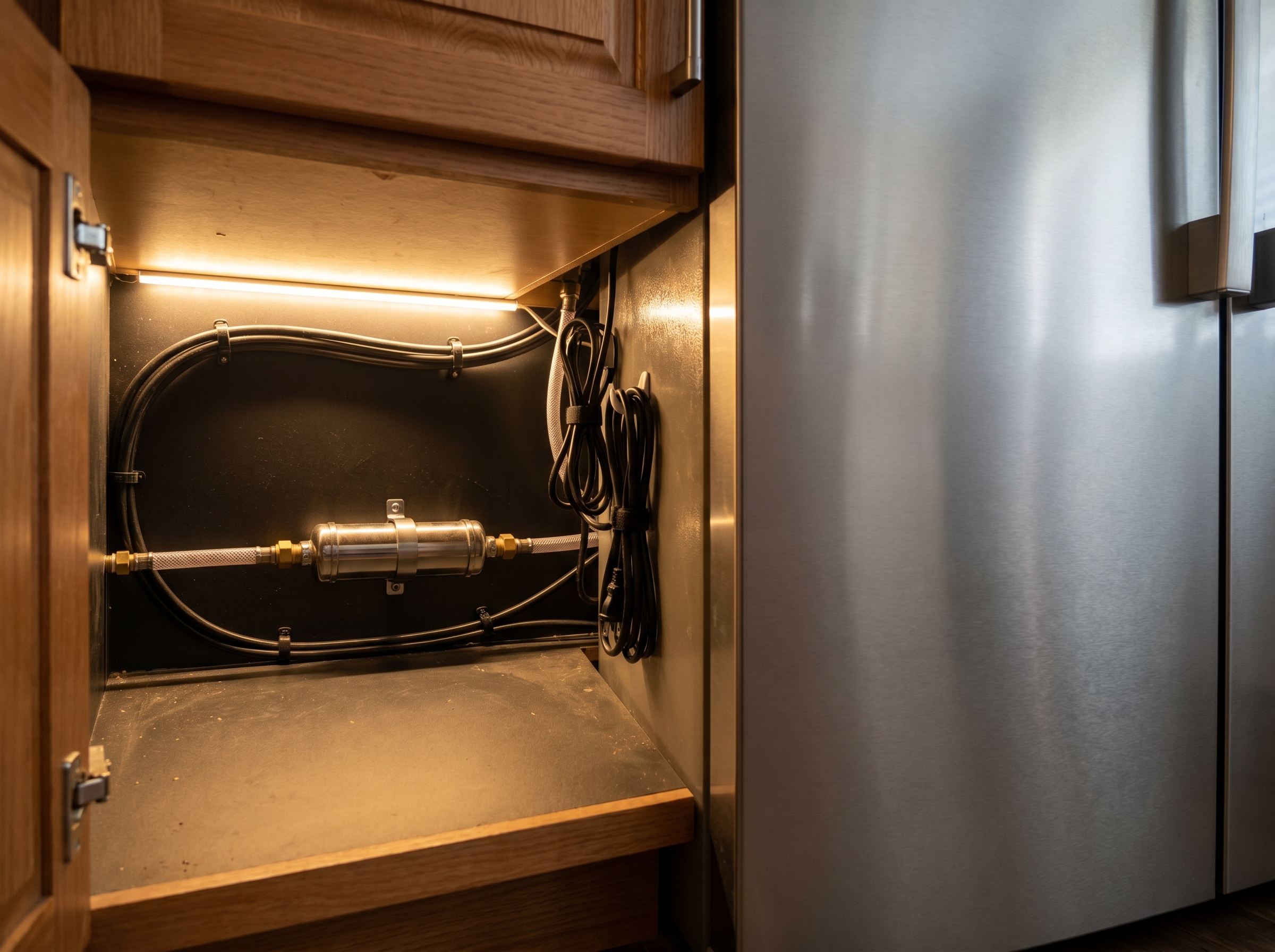 Plumber's hands fitting a quarter-inch push-fit connector onto the external inline fridge filter cartridge, neat copper water feed line running to the fridge solenoid
