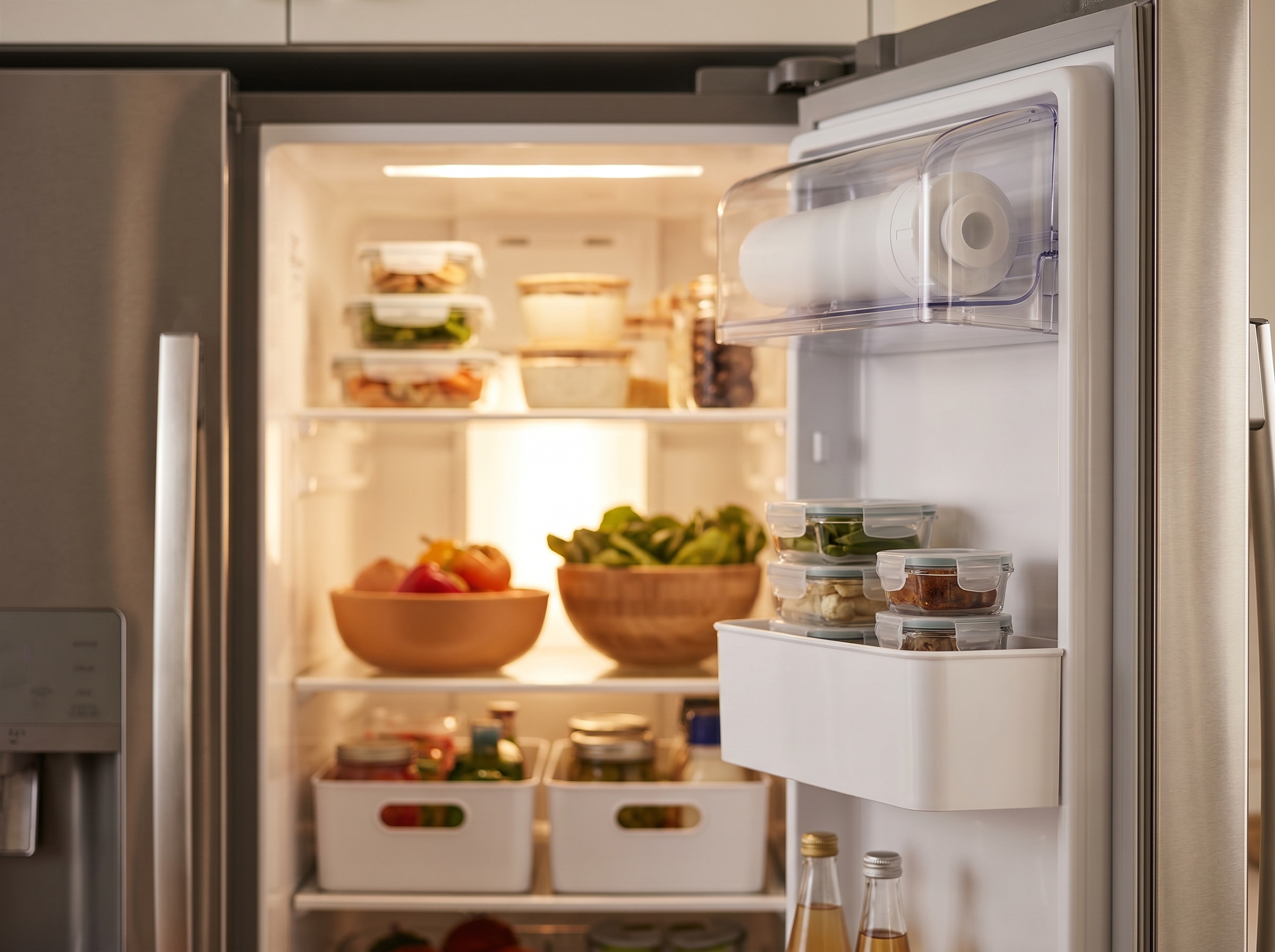 Interior of an LG fridge showing the top-right water filter housing with a twist-in cartridge fitted