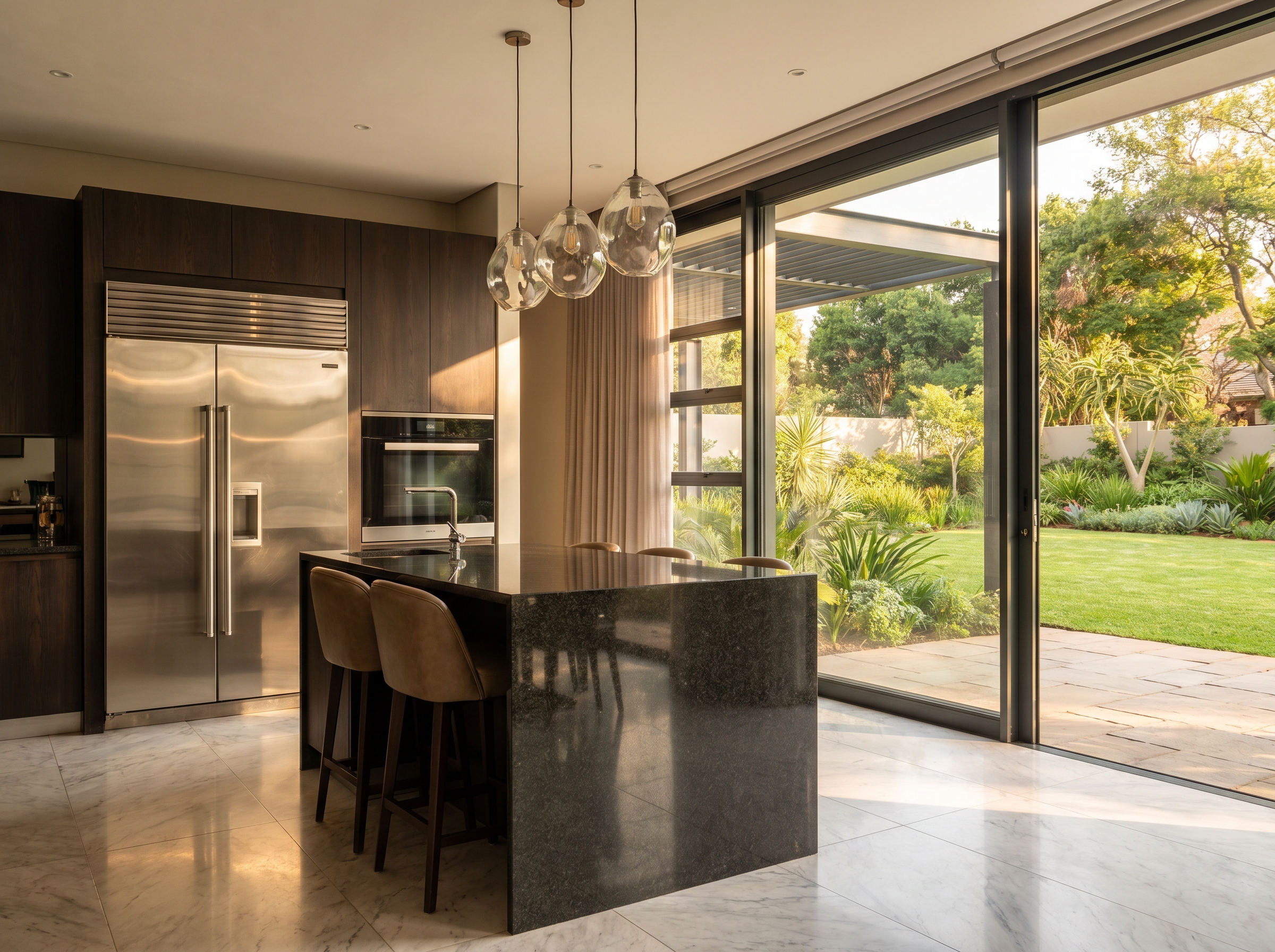 Upscale Sandton kitchen with a stainless LG French Door fridge in a neutral cabinetry run and a pot plant on the counter