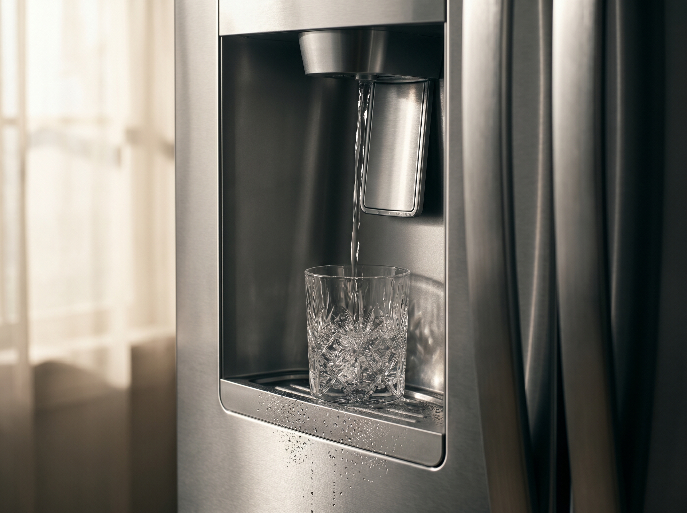 Filtered water being dispensed into a glass at an LG LRFDS French Door refrigerator water dispenser in a modern Sandton kitchen