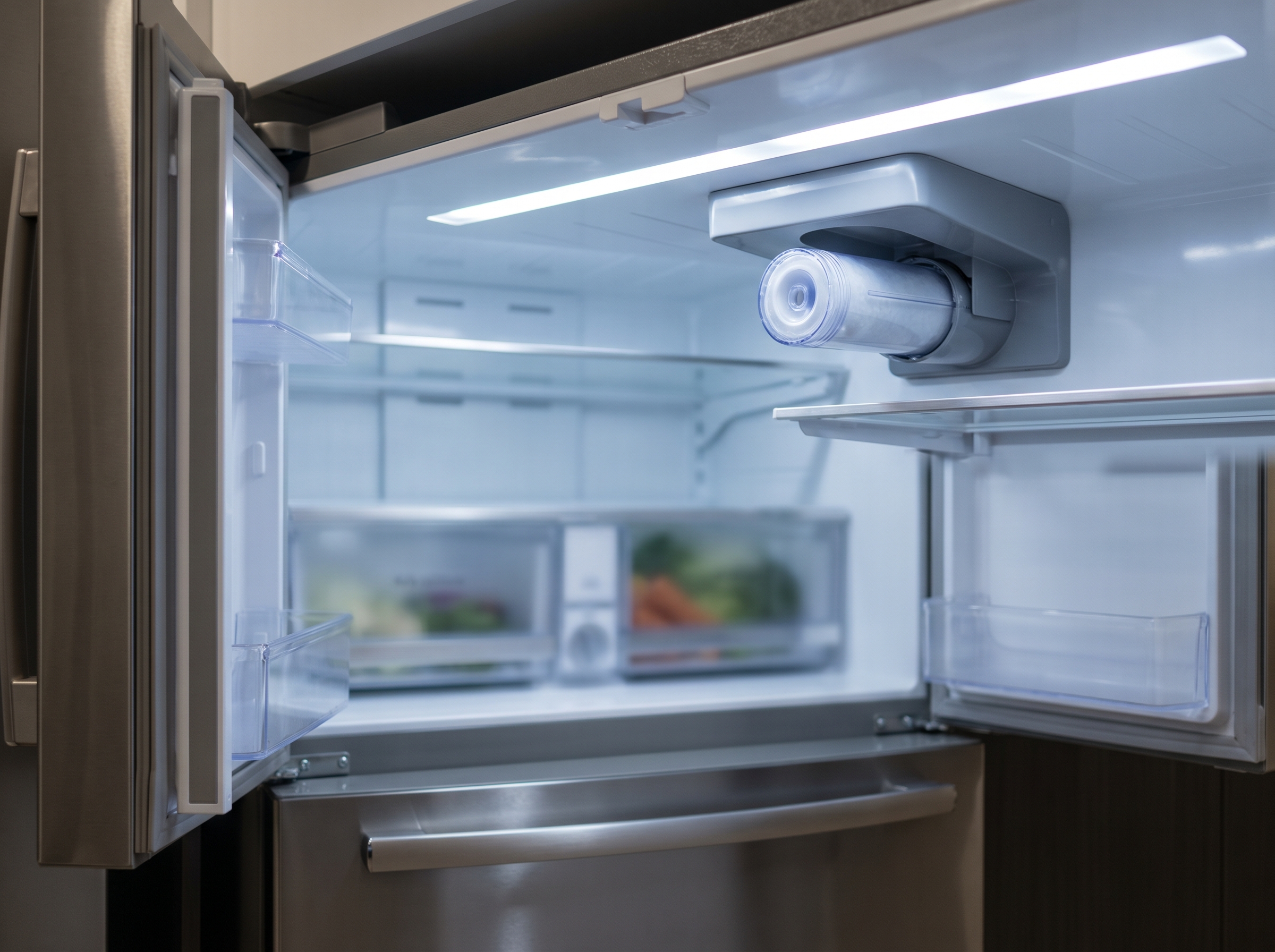 Plumber sliding an LG LT1000P push-in fridge filter cartridge into the top right housing compartment of a modern LG French Door refrigerator