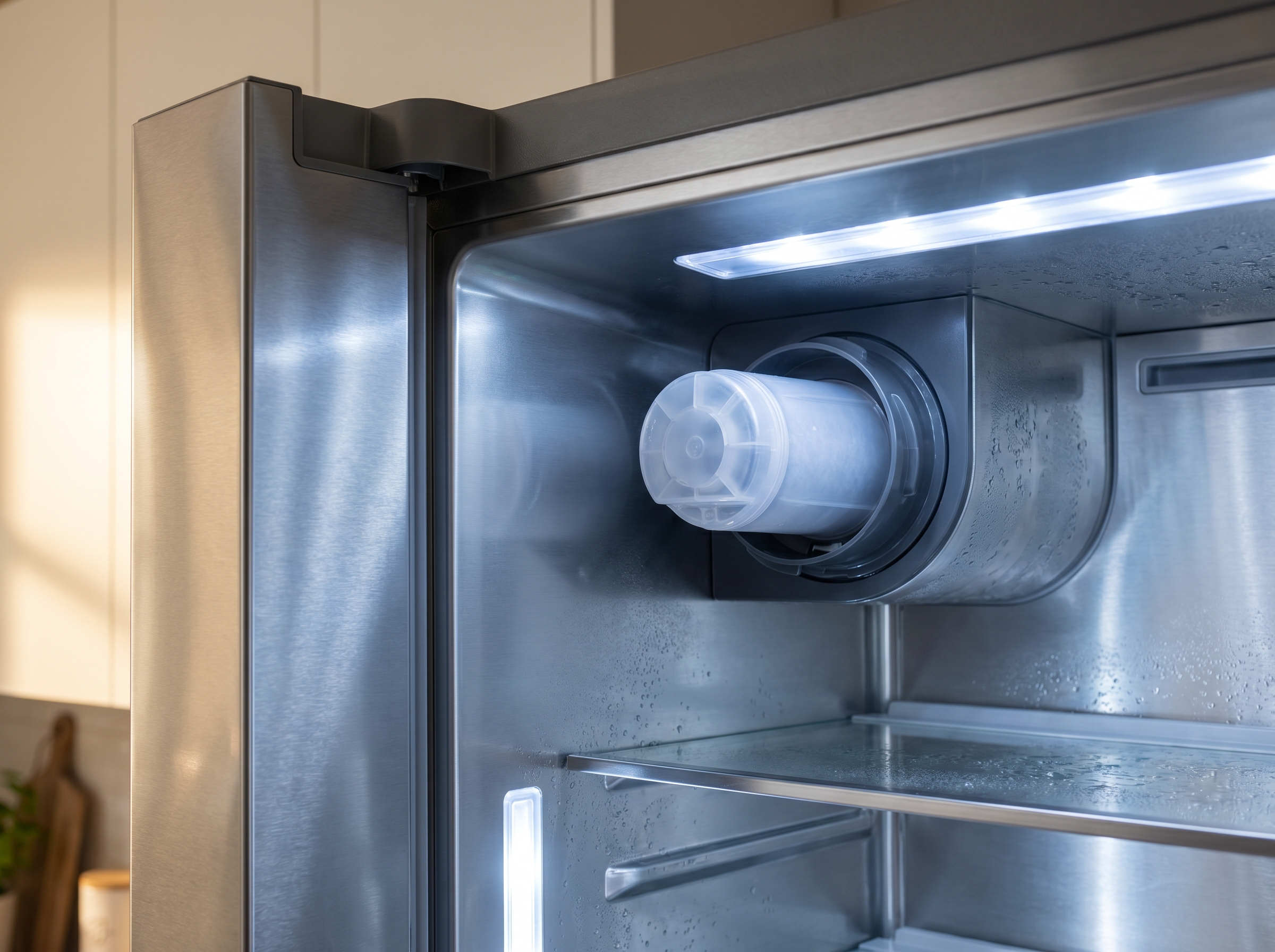 Hands fitting an LG LT700P cartridge into the top right interior housing of an LG French Door refrigerator with the door open