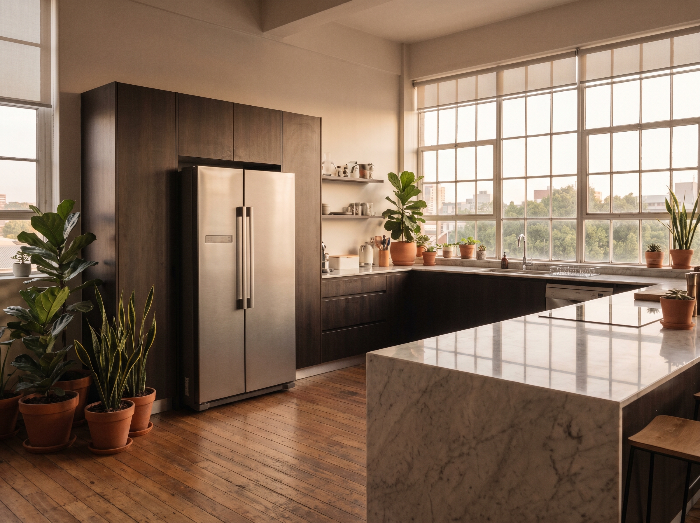 LG French Door refrigerator with stainless steel finish installed in a contemporary Johannesburg kitchen with island and natural light