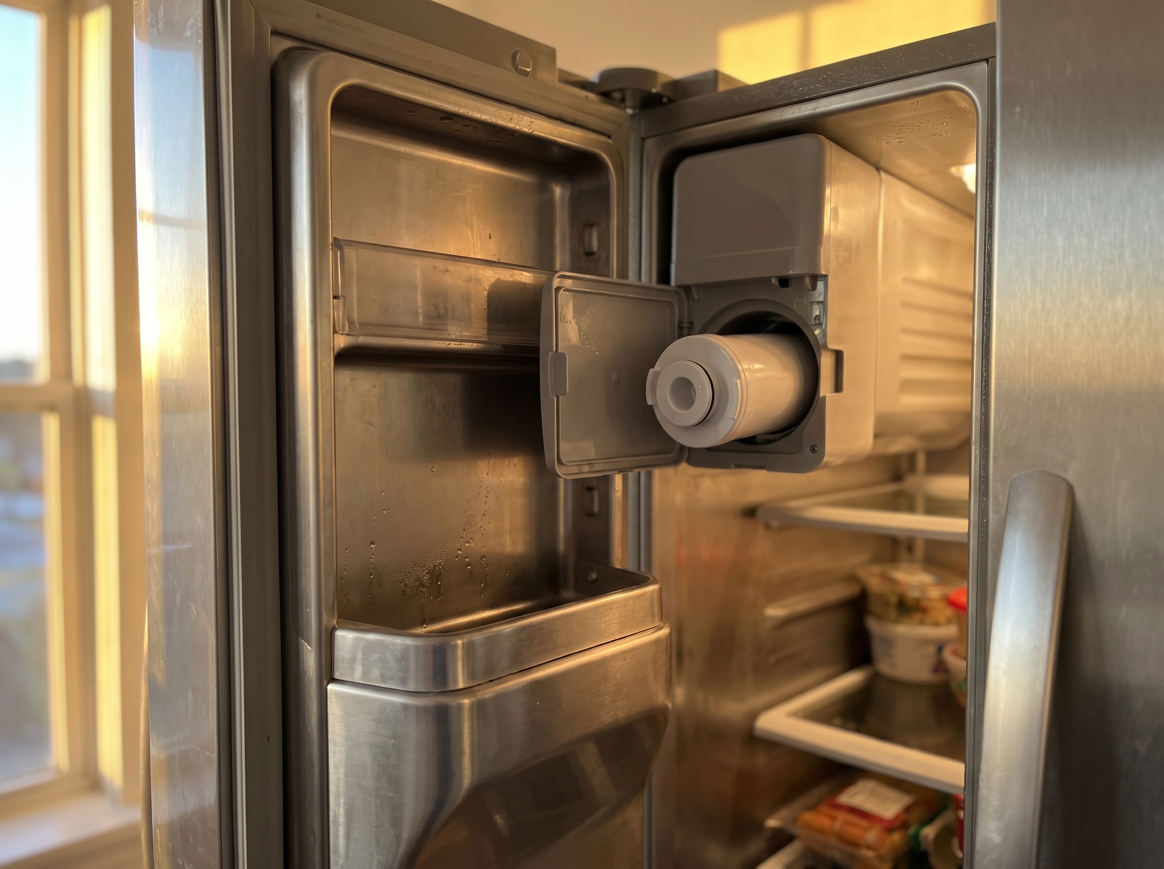 Plumber removing the base kickplate of an older Samsung RSG5 side-by-side refrigerator to access the HAFCU1 filter housing