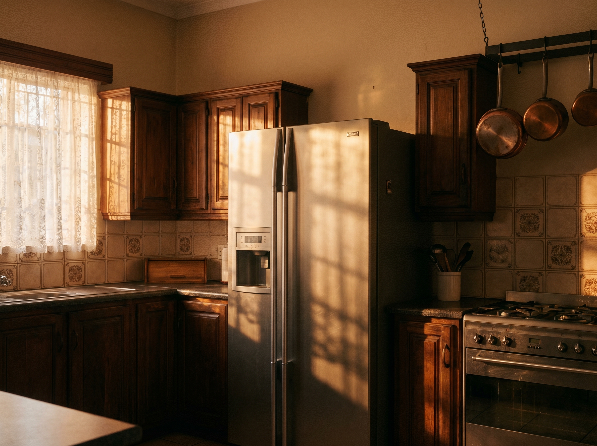 Older Samsung RS side-by-side refrigerator installed in a long-established Johannesburg family kitchen with warm afternoon light