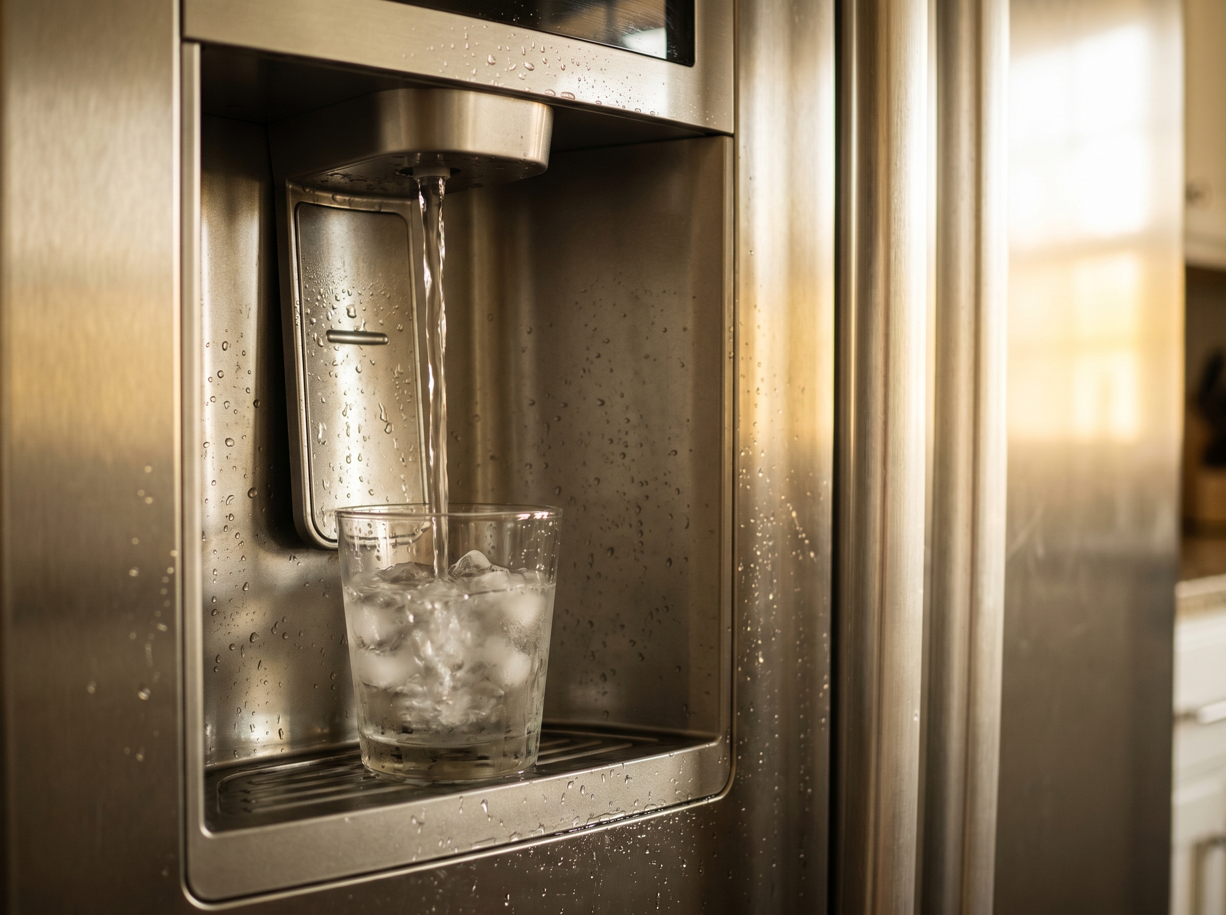 Glass of filtered water being filled at a Samsung side-by-side refrigerator water dispenser in a Johannesburg family kitchen