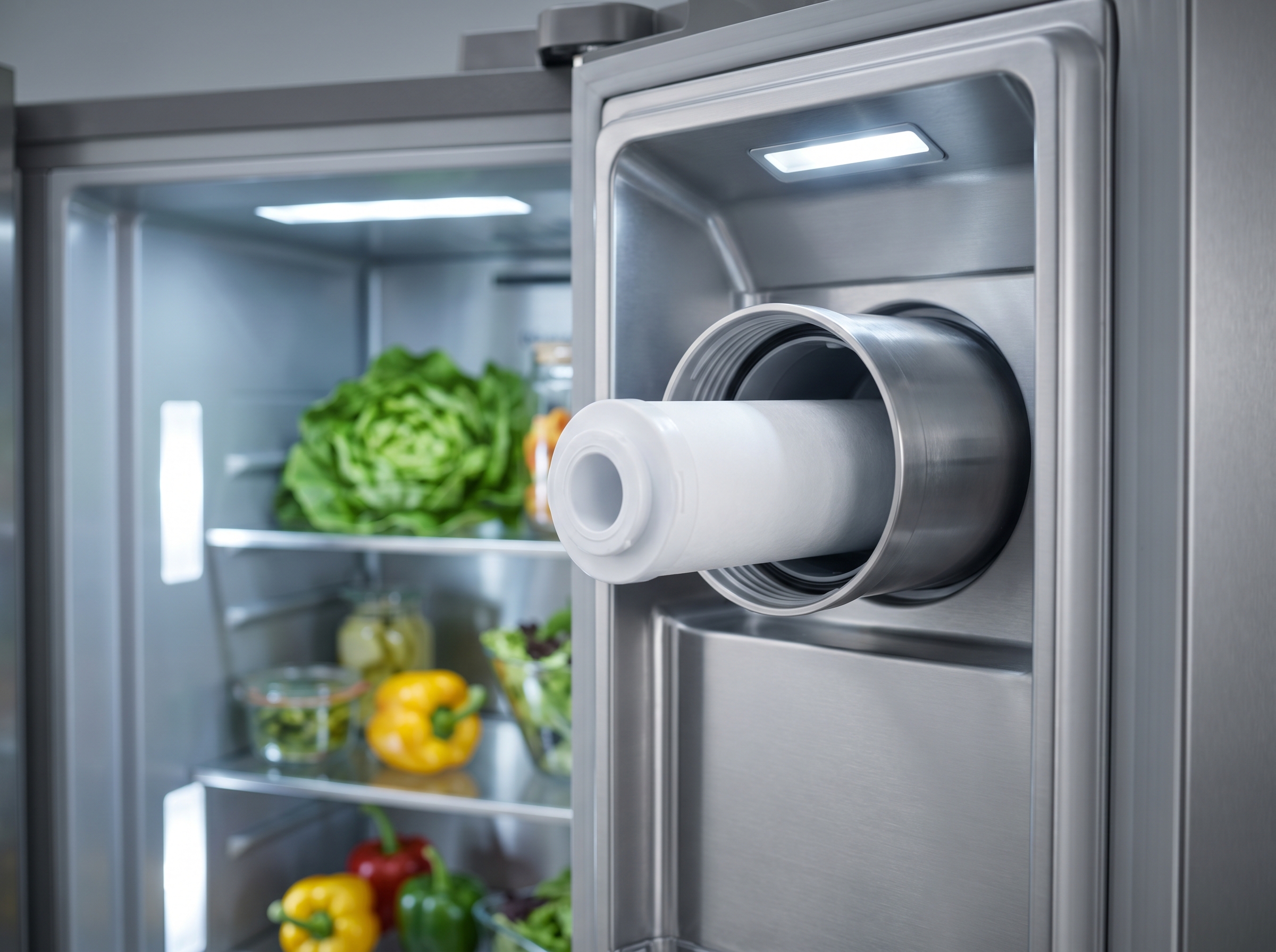 Close-up of plumber's hands twisting a Samsung DA29-00020B fridge water filter cartridge into the top right housing of an open refrigerator