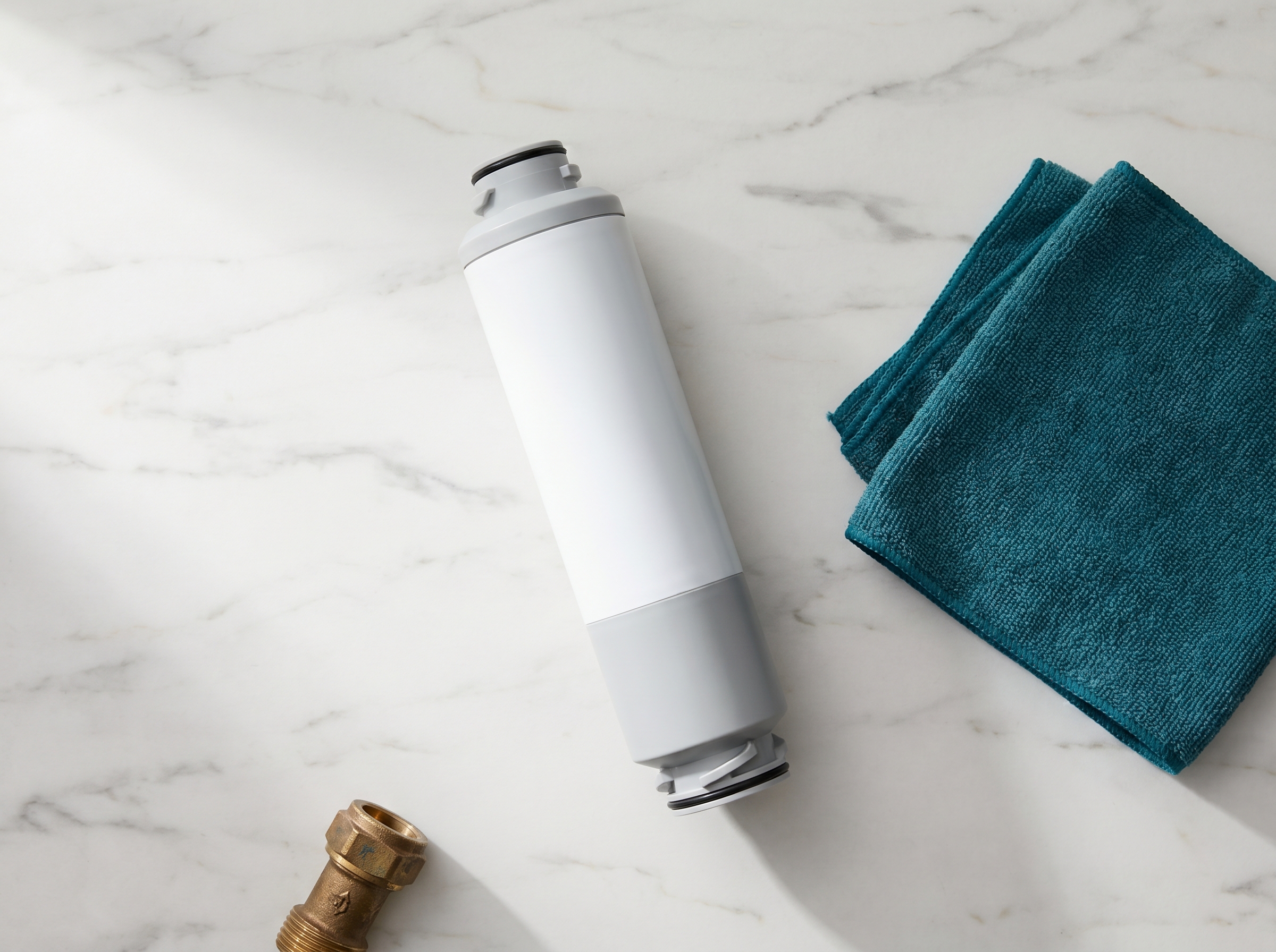 Samsung fridge water filter cartridge laid on white marble next to a teal microfiber cloth and a brass plumbing fitting