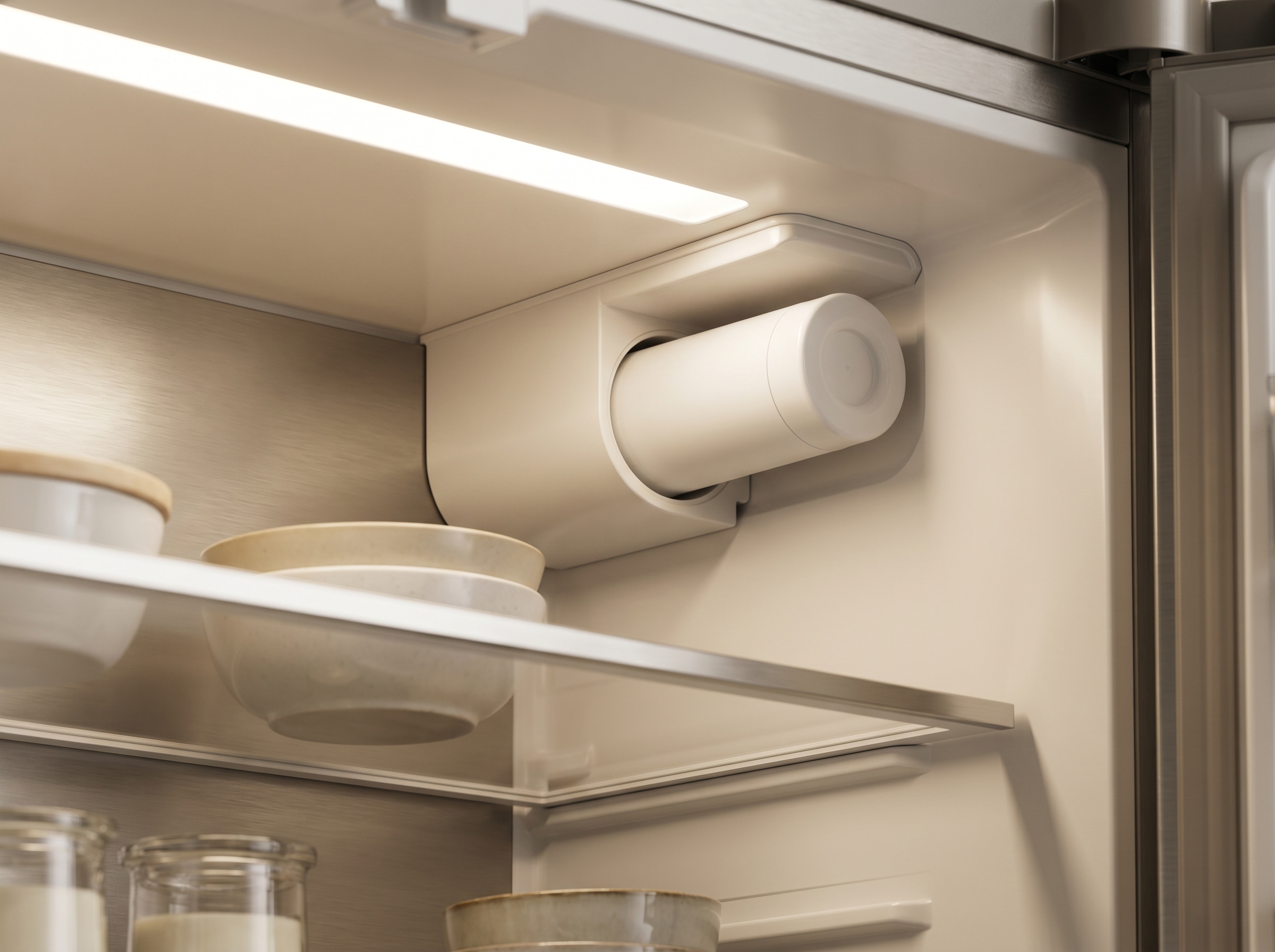 Interior of a Samsung fridge showing the top-right water filter housing with a twist-in cartridge fitted