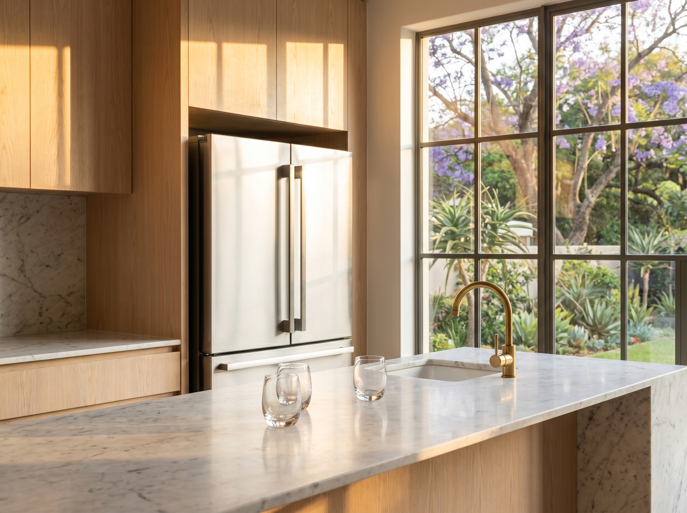 Upscale Johannesburg kitchen with a stainless French Door fridge and a jacaranda tree visible through the window