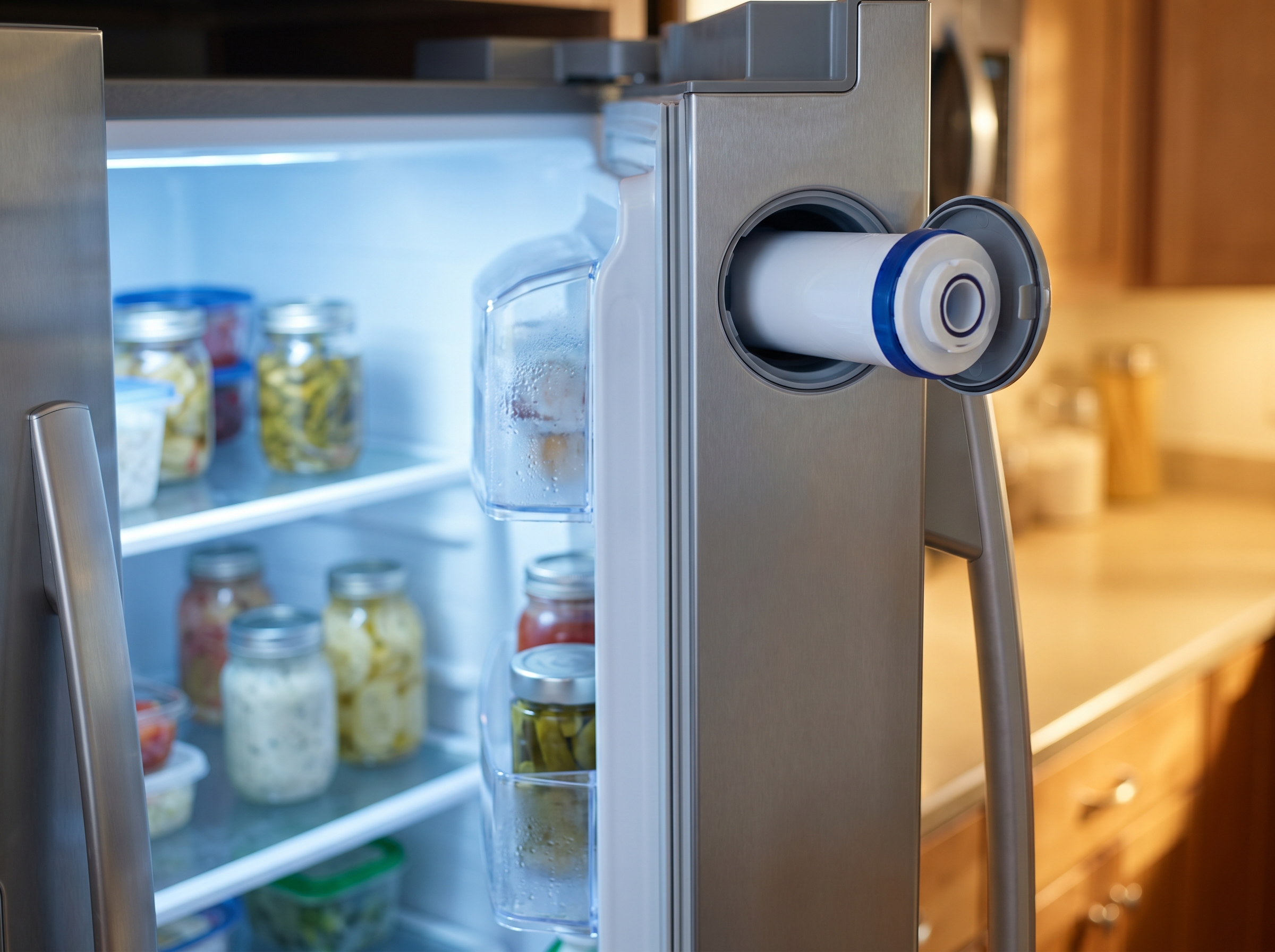 Plumber reaching into the top right of a refrigerator interior to replace a twist-in fridge water filter cartridge