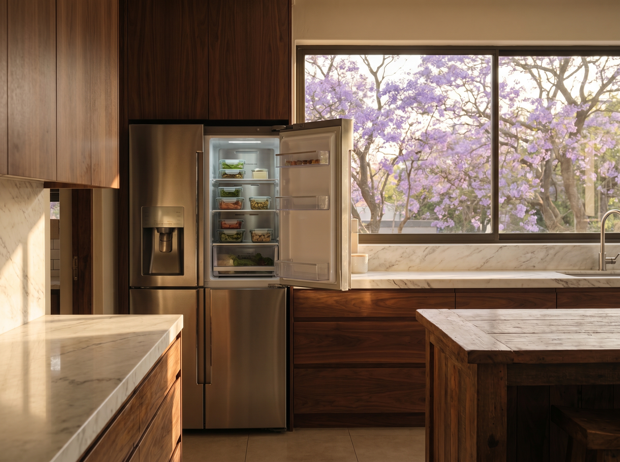 Modern Gauteng family kitchen with stainless steel French Door refrigerator and water dispenser at the centre of the room