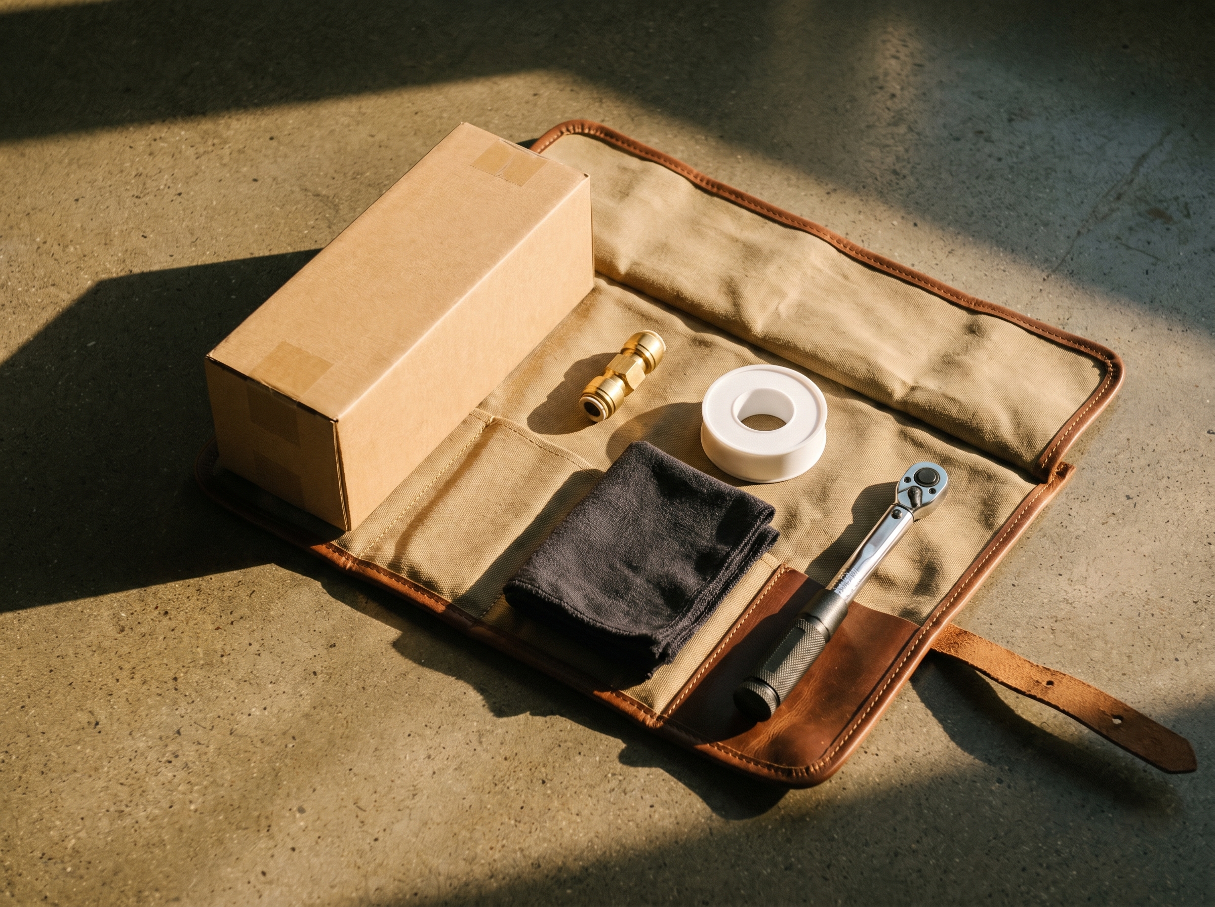 Organised plumber service kit on kitchen surface with replacement fridge filter cartridges, torque wrench and leak-check spray