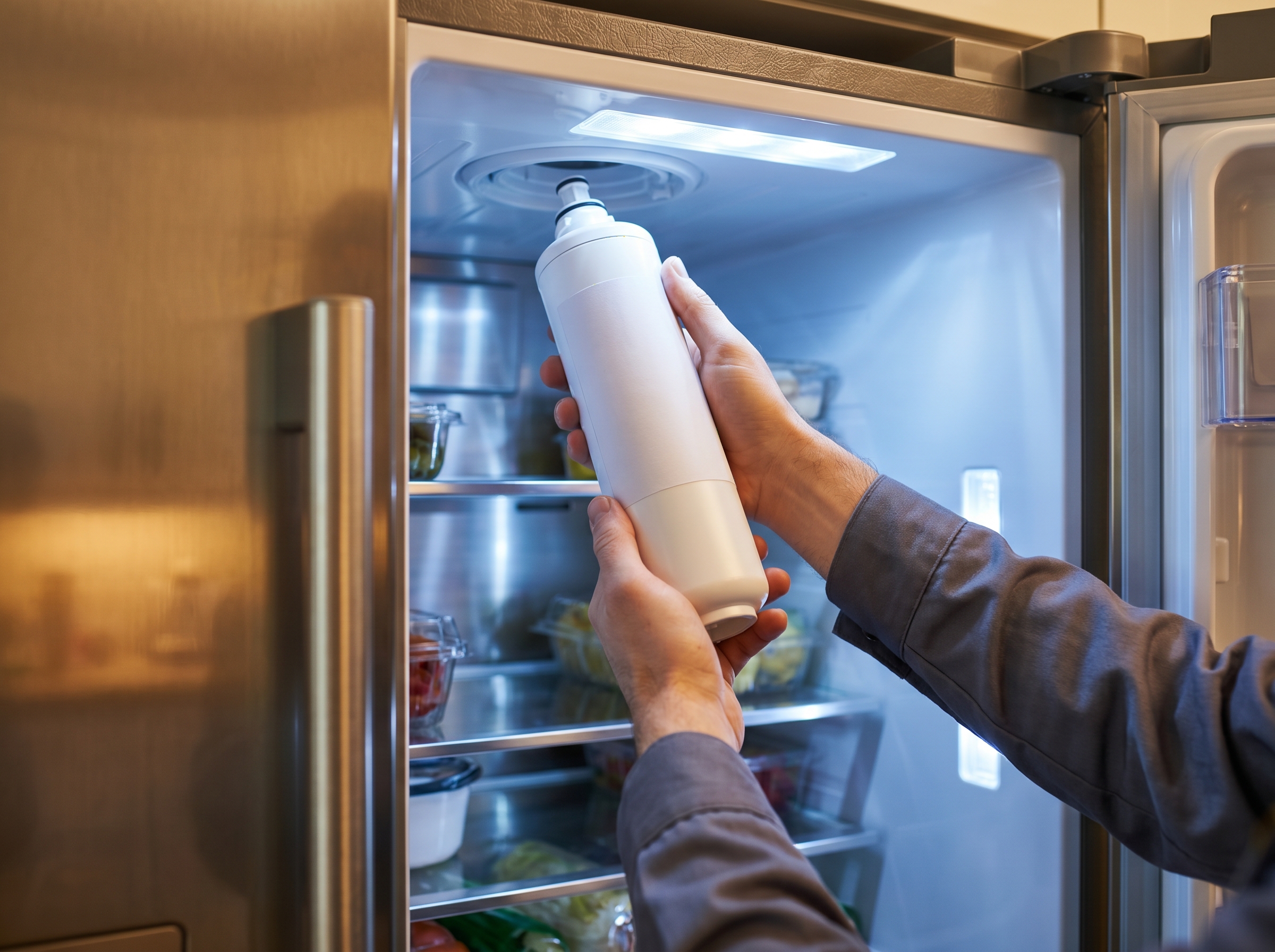 Hands fitting a white fridge water filter cartridge into the interior ceiling housing of a stainless steel side-by-side fridge, visible shelves with produce inside