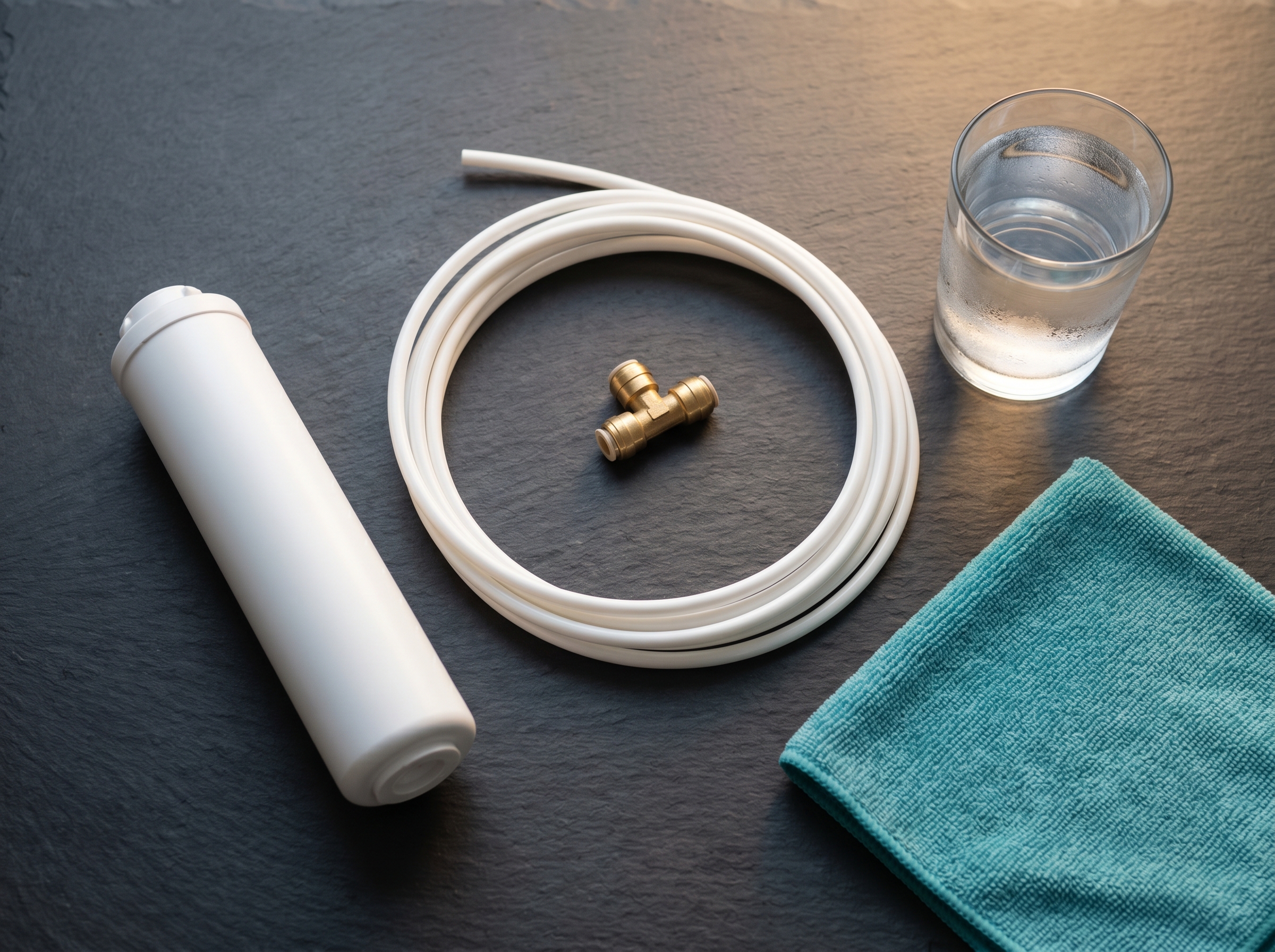 Flat-lay of fridge filter installation items on dark slate countertop: white cylindrical filter cartridge, coiled quarter-inch food-grade tubing, brass John Guest push-fit tee, teal microfiber cloth, glass of filtered water