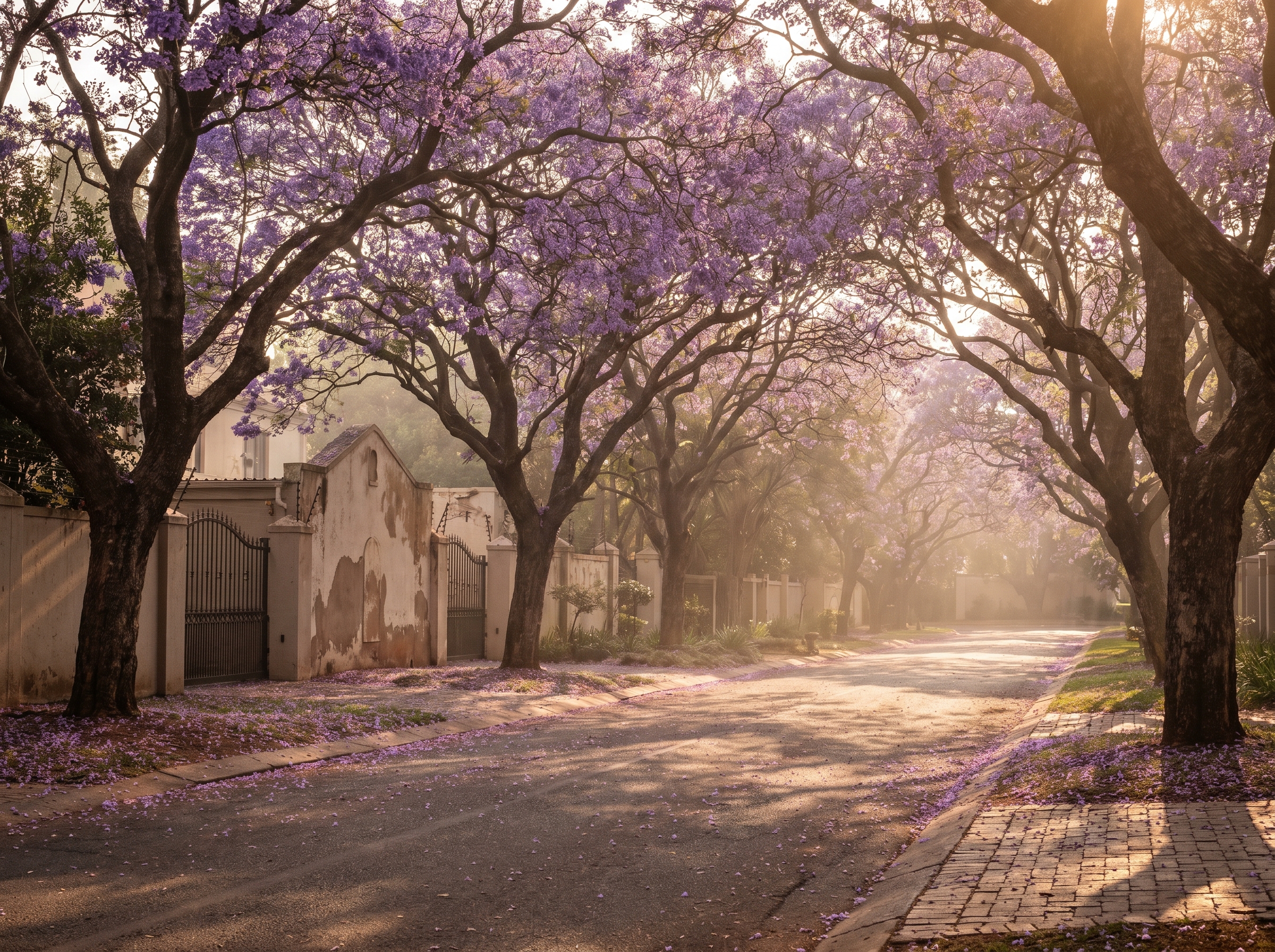 Tree-lined Sandhurst residential street in Sandton with jacaranda trees in full purple bloom overhead, pavement scattered with purple petals, upscale gate walls visible through foliage at late afternoon