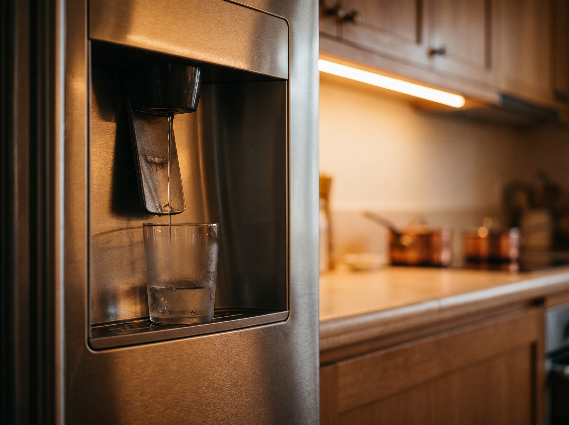 Close-up of a stainless steel refrigerator water dispenser with water flowing into a drinking glass in a softly lit kitchen