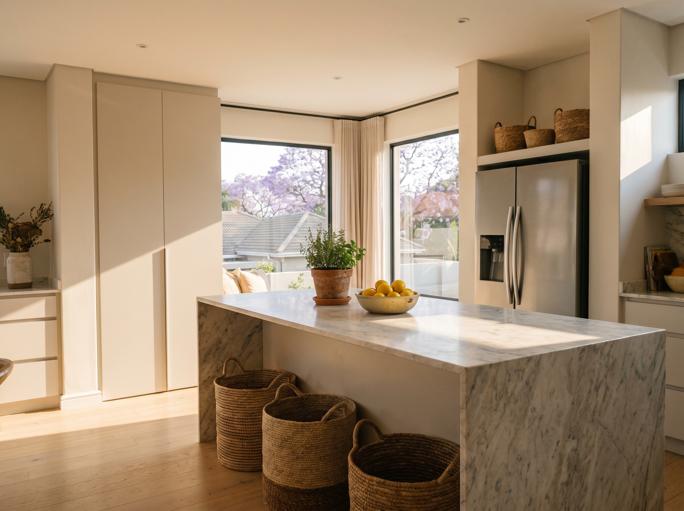 Premium Johannesburg northern suburb kitchen with pale oak flooring, marble island, jacaranda trees visible through the window and a stainless steel refrigerator against the far wall