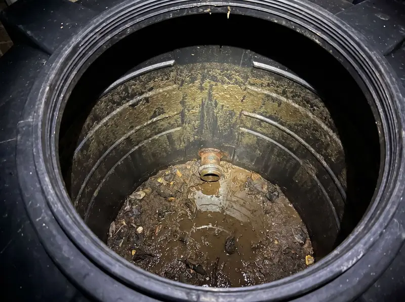 Silt, leaves and algae on the floor of a drained JoJo tank before cleaning in Randburg
