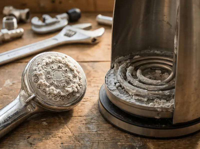 Severe limescale built up on a shower rose and kettle element from hard Johannesburg water