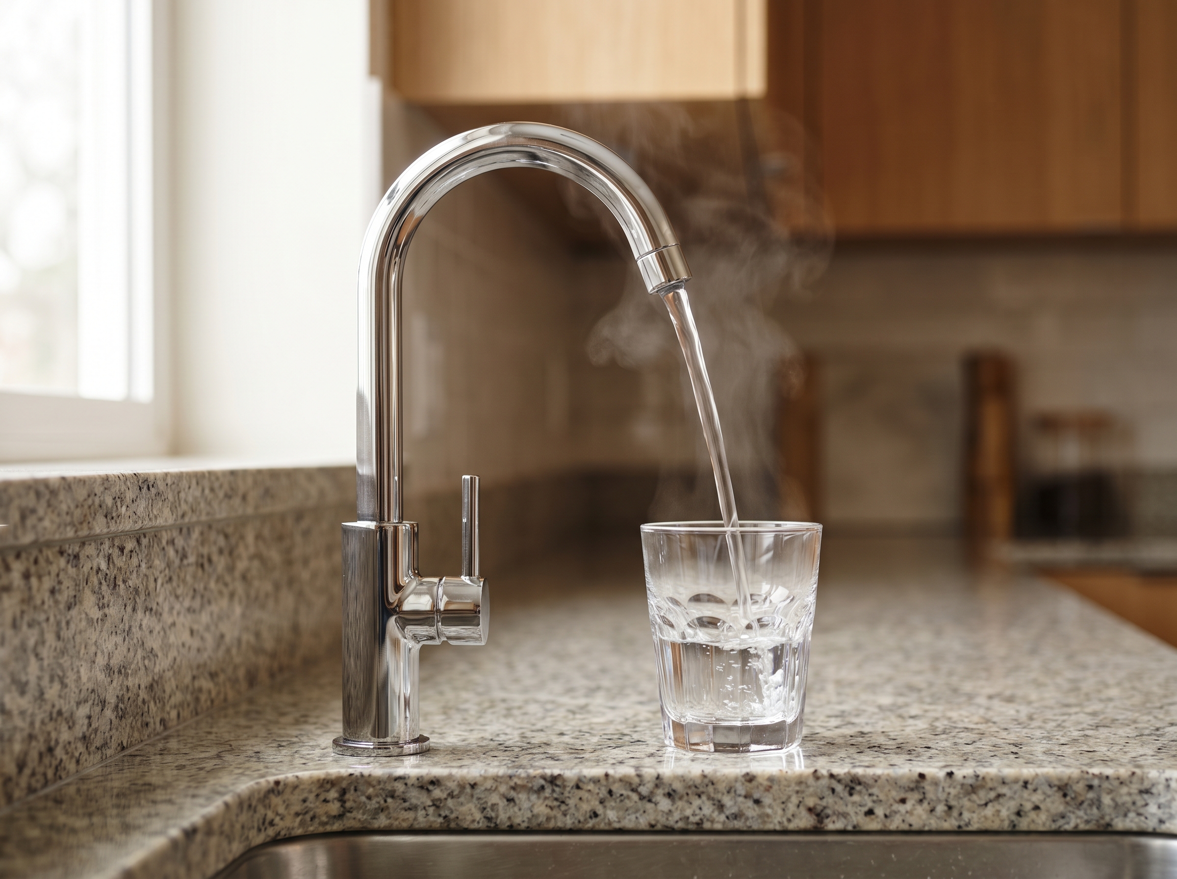 Crystal clear filtered water flowing from a chrome dedicated drinking water tap into a glass tumbler in a Johannesburg kitchen