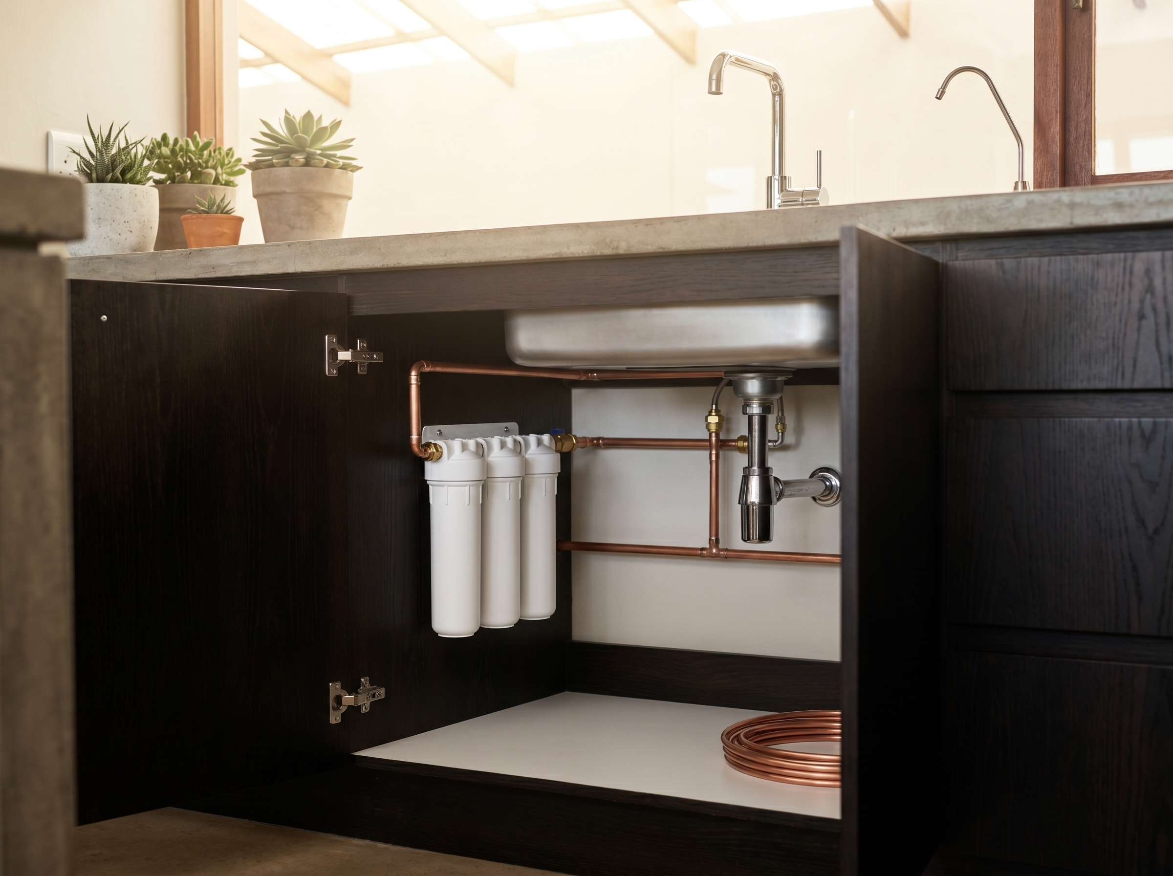 Under-sink water filtration system installed in a modern Johannesburg kitchen cabinet with copper plumbing and dedicated drinking water tap