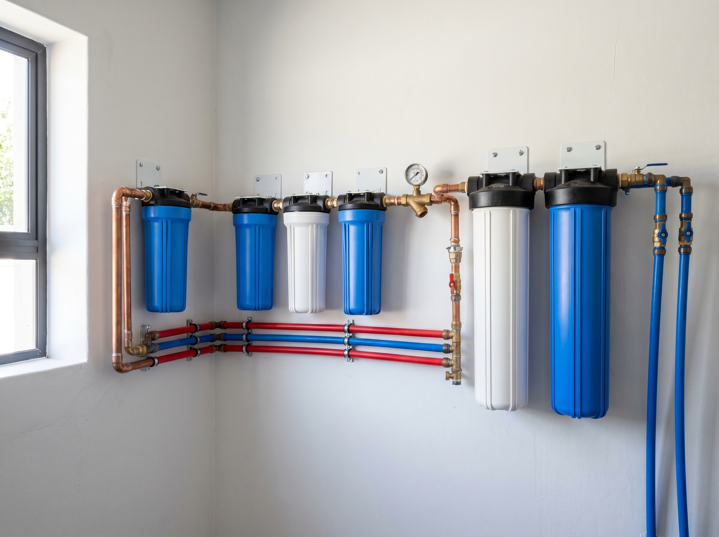 Whole-house water filtration system installed on a utility room wall in a Johannesburg home with copper and PEX plumbing manifold