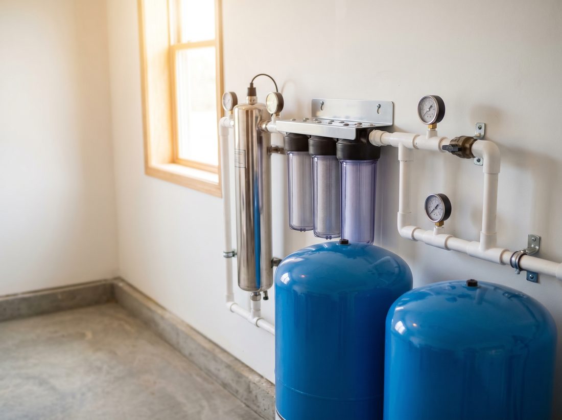 Whole-house water filtration and UV treatment system for borehole water