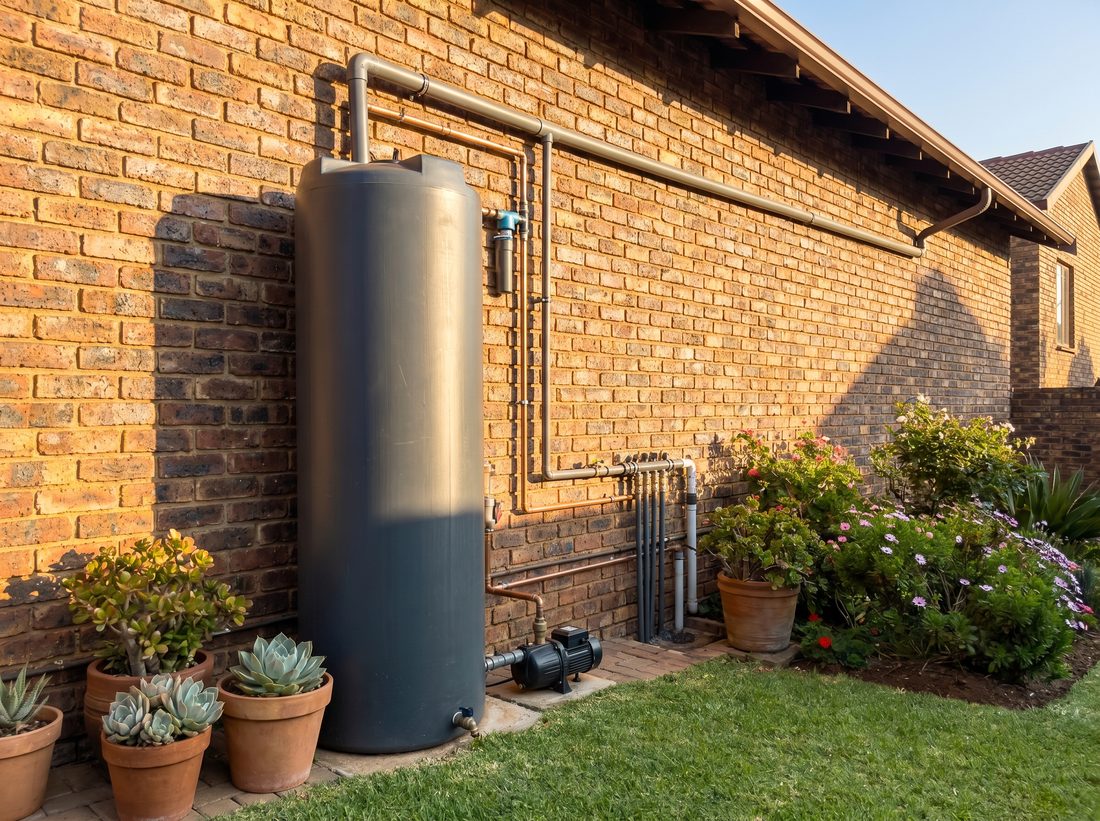 Slimline domestic water storage tank installed against a face-brick wall in Randburg